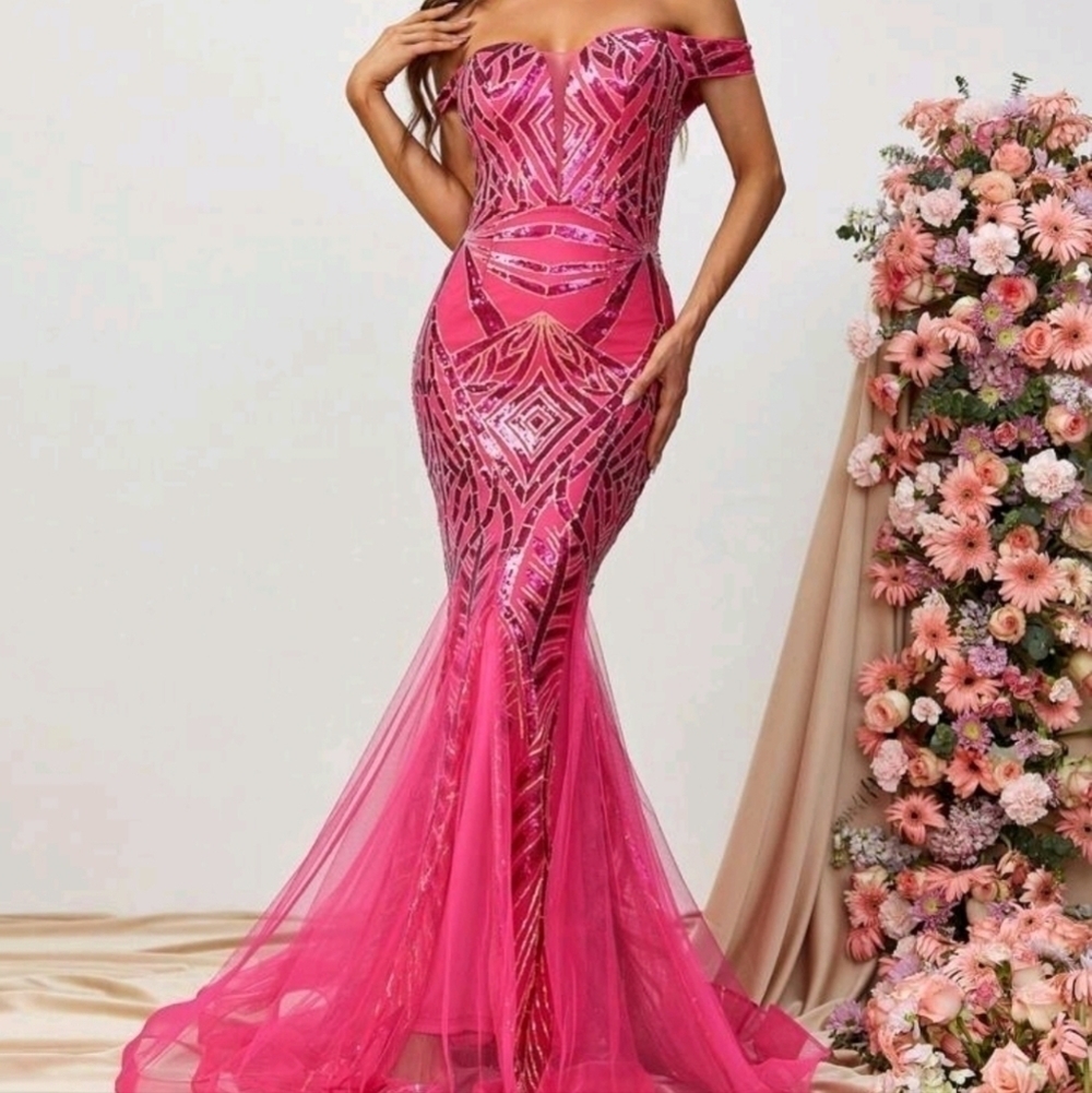 Hot Pink Geometric Pattern Contrast Sequined and Mesh Mermaid Maxi Forma…